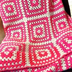 X Long Handmade Afghan Pink & White Vintage